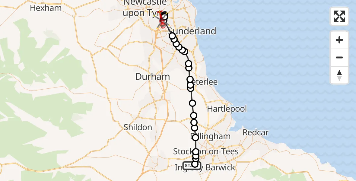 Flight route Air Ambulance Helicopter Egglescliffe - Gateshead, 19 May 2026, 13:26