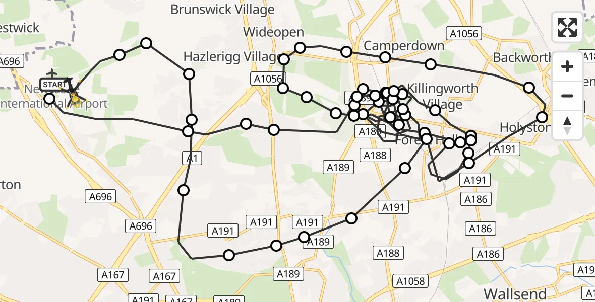 Flight route Police Helicopter Newcastle International Airport - Newcastle International Airport, 19 May 2026, 13:29