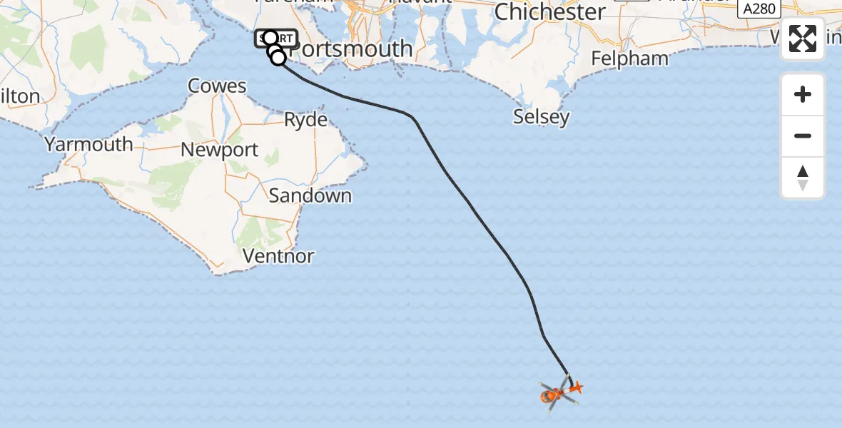 Flight route Coastguard Helicopter Solent Airport - English Channel, 19 May 2026, 13:30