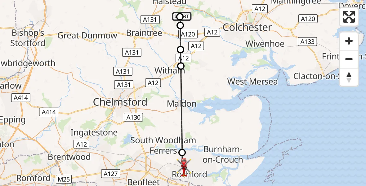 Flight route Air Ambulance Helicopter Earls Colne Airfield - Rochford, 19 May 2026, 13:30