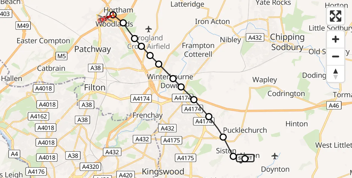 Flight route Air Ambulance Helicopter Bridge Yate - Almondsbury Helicopter Base, 19 May 2026, 13:32