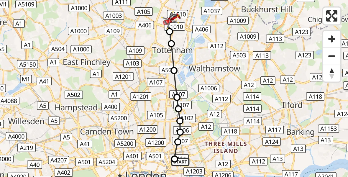 Flight route Air Ambulance Helicopter Royal London Hospital - Edmonton, 19 May 2026, 13:50