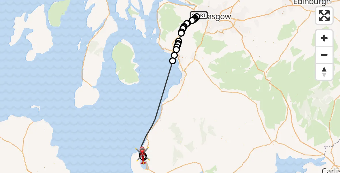Flight route Air Ambulance Helicopter Glasgow Airport - Cairnryan, 19 May 2026, 13:50