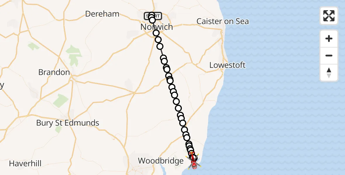 Flight route Air Ambulance Helicopter Norwich Airport - Orford, 19 May 2026, 13:54
