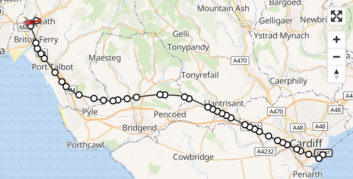 Flight route Air Ambulance Helicopter Cardiff Heliport - Neath Abbey, 19 May 2026, 13:54