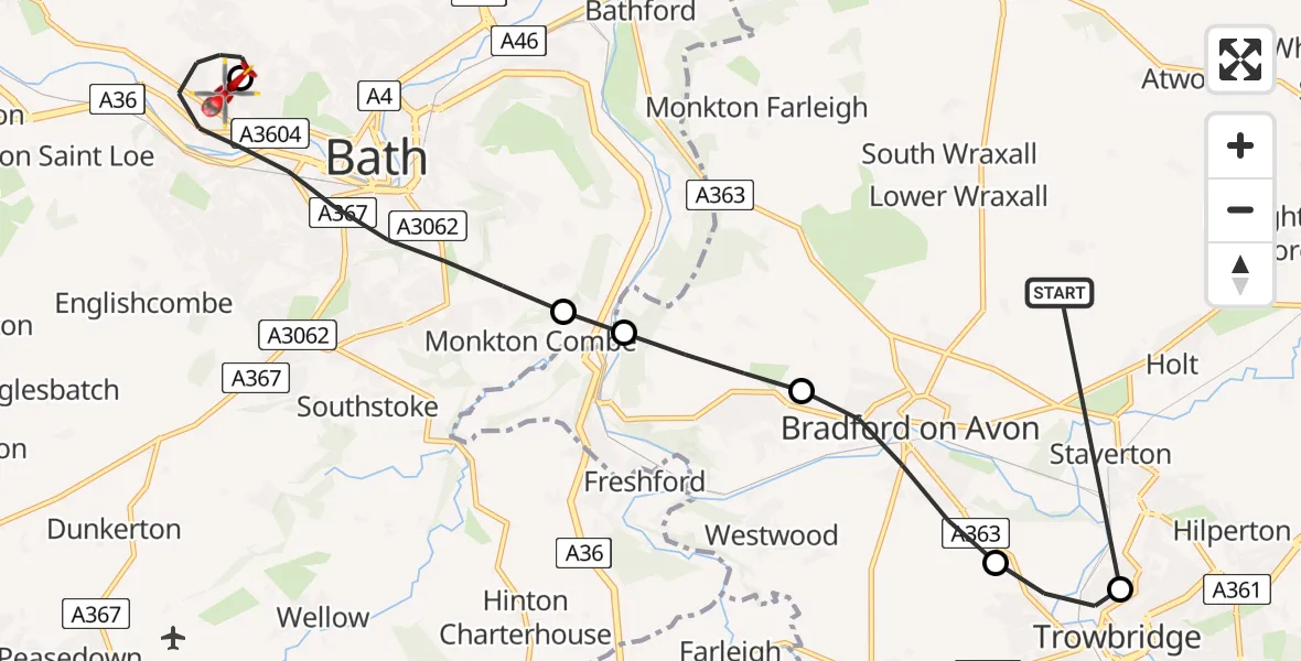 Flight route Air Ambulance Helicopter Lower Wraxall - Royal United Hospital Bath, 19 May 2026, 13:57