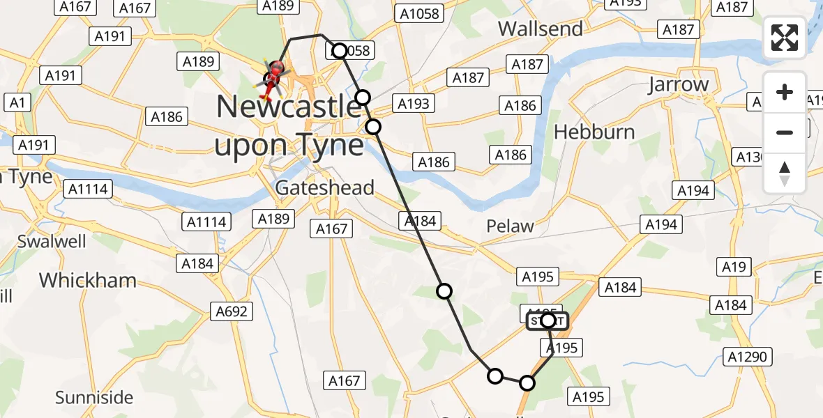 Flight route Air Ambulance Helicopter Gateshead - Newcastle Royal Victoria Infirmary, 19 May 2026, 13:57