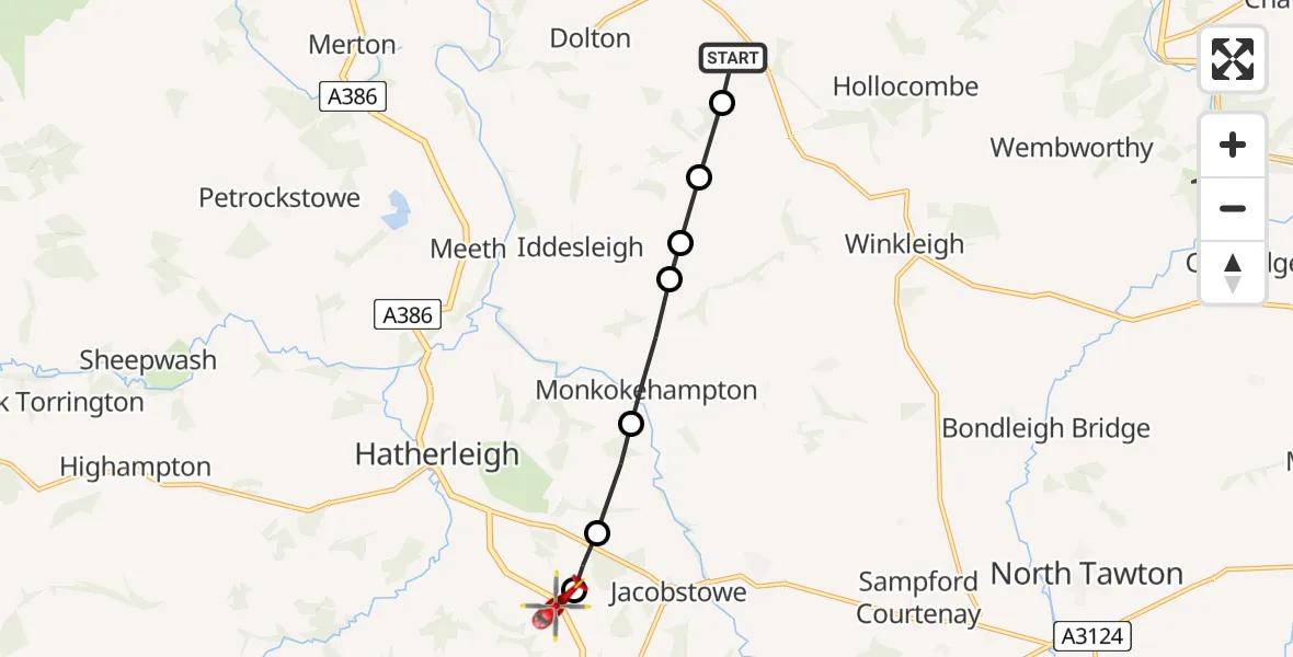 Flight route Air Ambulance Helicopter Riddlecombe - Hatherleigh, 19 May 2026, 13:57