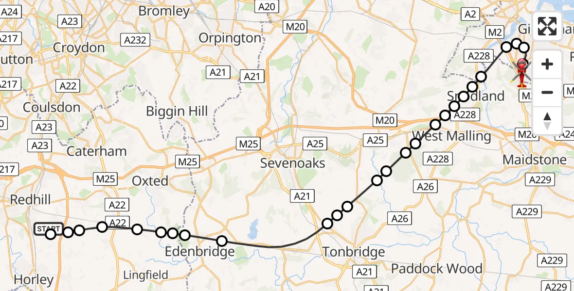 Flight route Air Ambulance Helicopter Redhill Aerodrome - Rochester Airport, 19 May 2026, 14:04