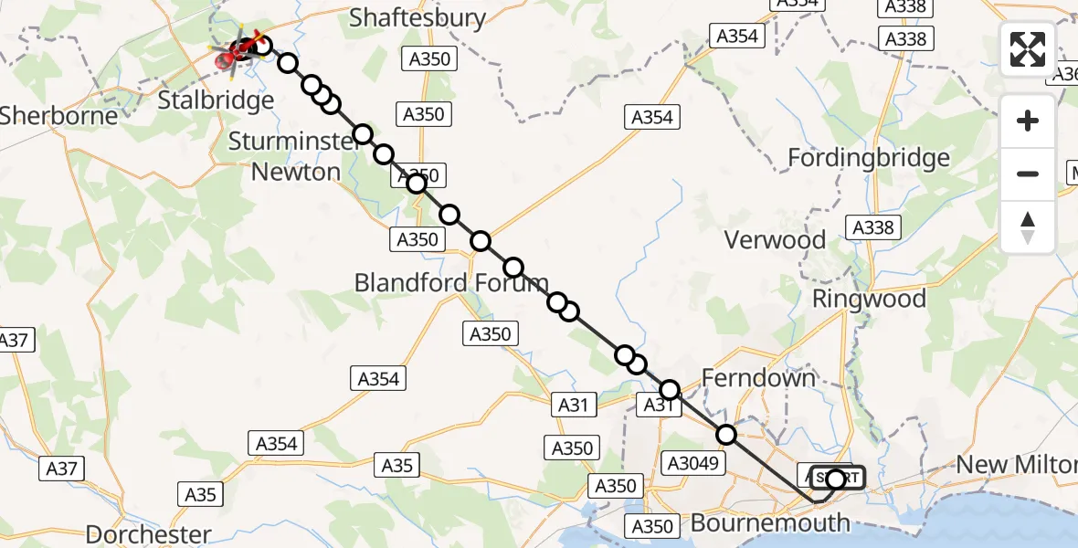 Flight route Air Ambulance Helicopter Royal Bournemouth Hospital - Henstridge Airfield, 19 May 2026, 14:16