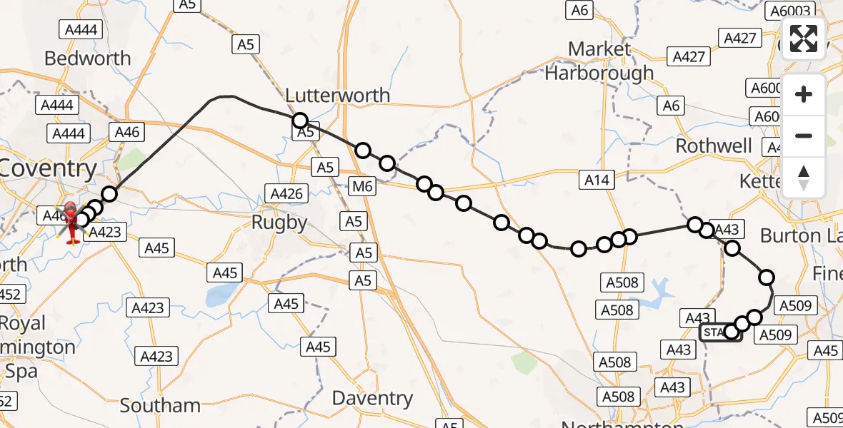 Flight route Air Ambulance Helicopter Sywell Aerodrome - Coventry Airport, 19 May 2026, 14:19