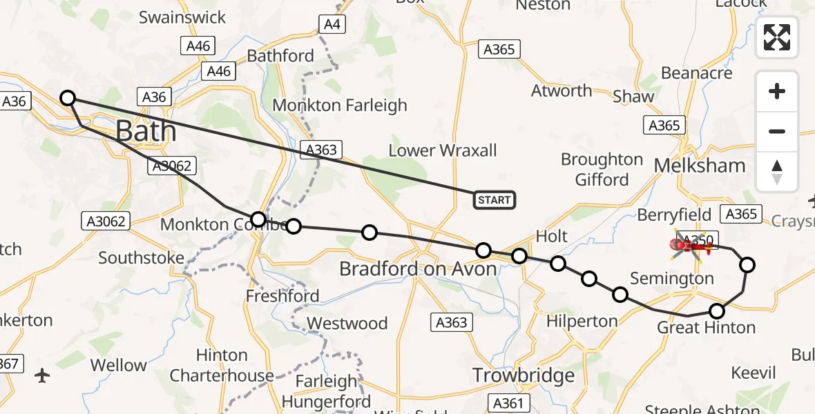 Flight route Air Ambulance Helicopter Lower Wraxall - Melksham, 19 May 2026, 14:29