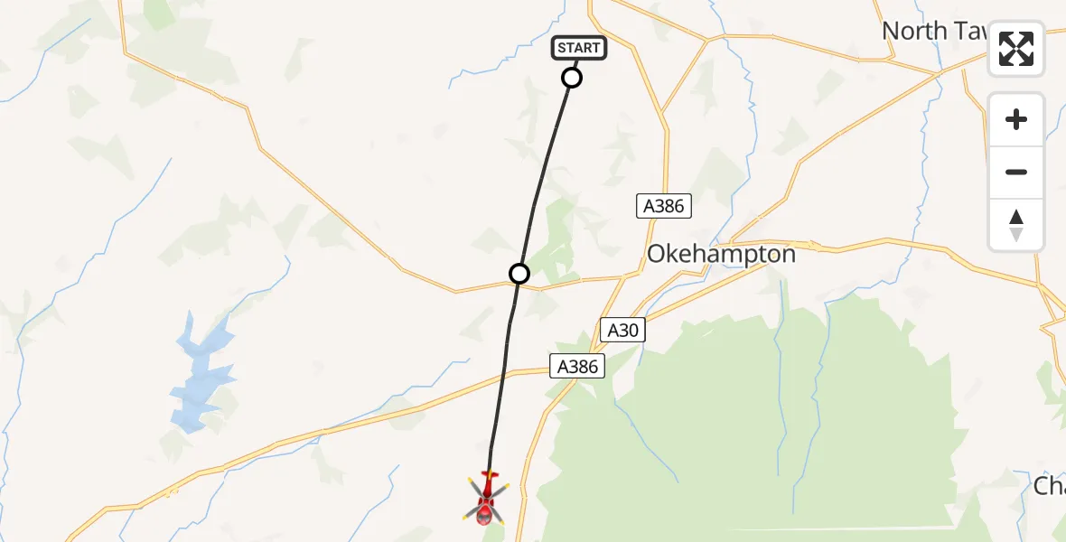Flight route Air Ambulance Helicopter Hatherleigh - Bridestowe, 19 May 2026, 14:31