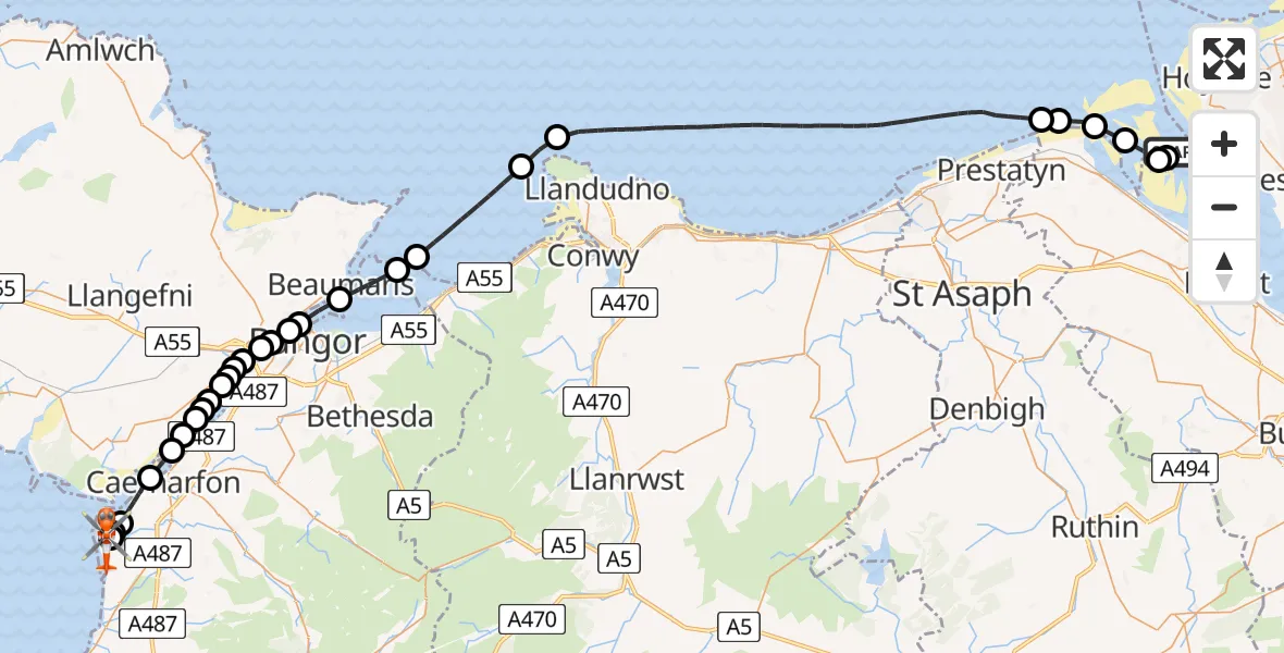 Flight route Coastguard Helicopter West Kirby - Caernarfon Airport, 19 May 2026, 14:33