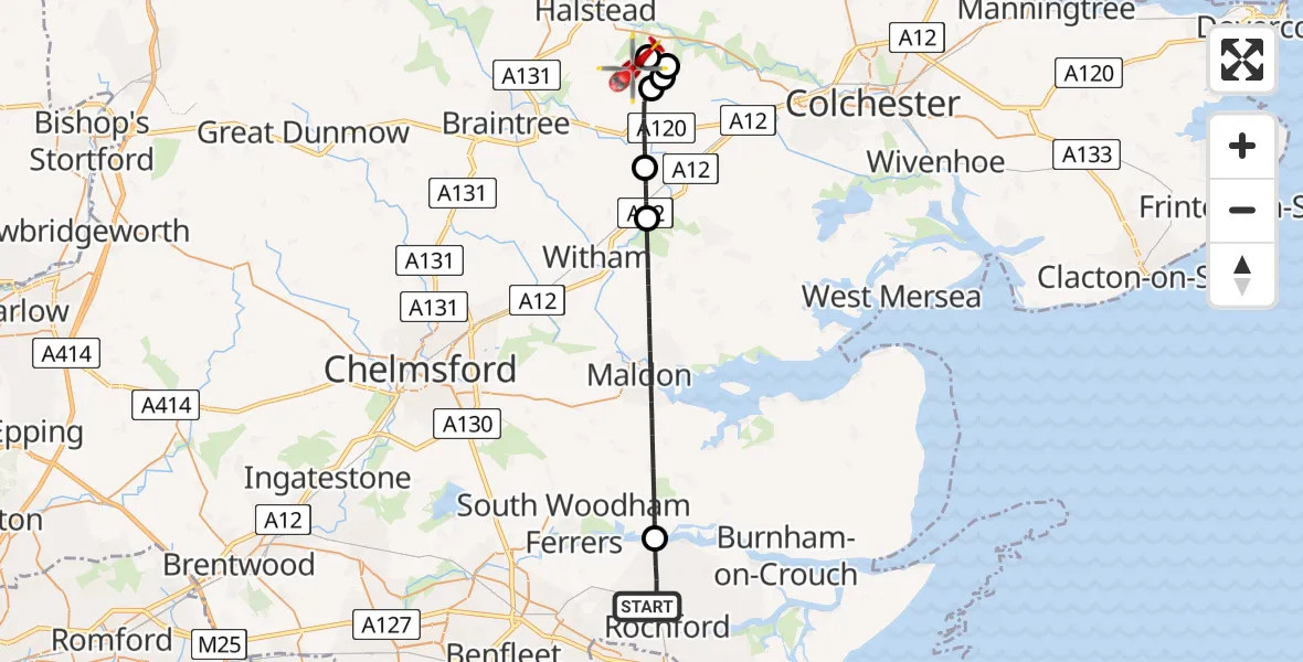 Flight route Air Ambulance Helicopter Rochford - Earls Colne Airfield, 19 May 2026, 14:42