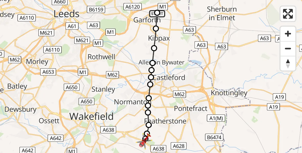 Flight route Air Ambulance Helicopter Garforth - YAA Nostell Helicopter Port, 19 May 2026, 14:46