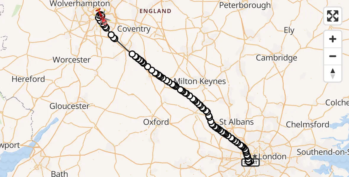 Flight route Air Ambulance Helicopter London Heliport - Nechells, 19 May 2026, 14:47