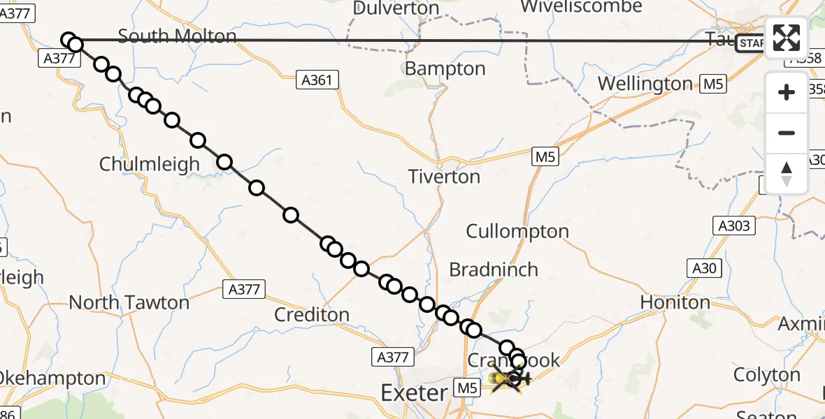 Flight route Police Helicopter Taunton - Exeter International Airport, 19 May 2026, 14:50