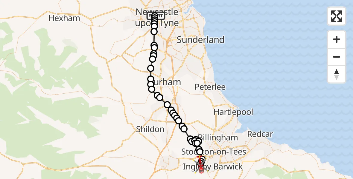 Flight route Air Ambulance Helicopter Newcastle Royal Victoria Infirmary - Egglescliffe, 19 May 2026, 14:51