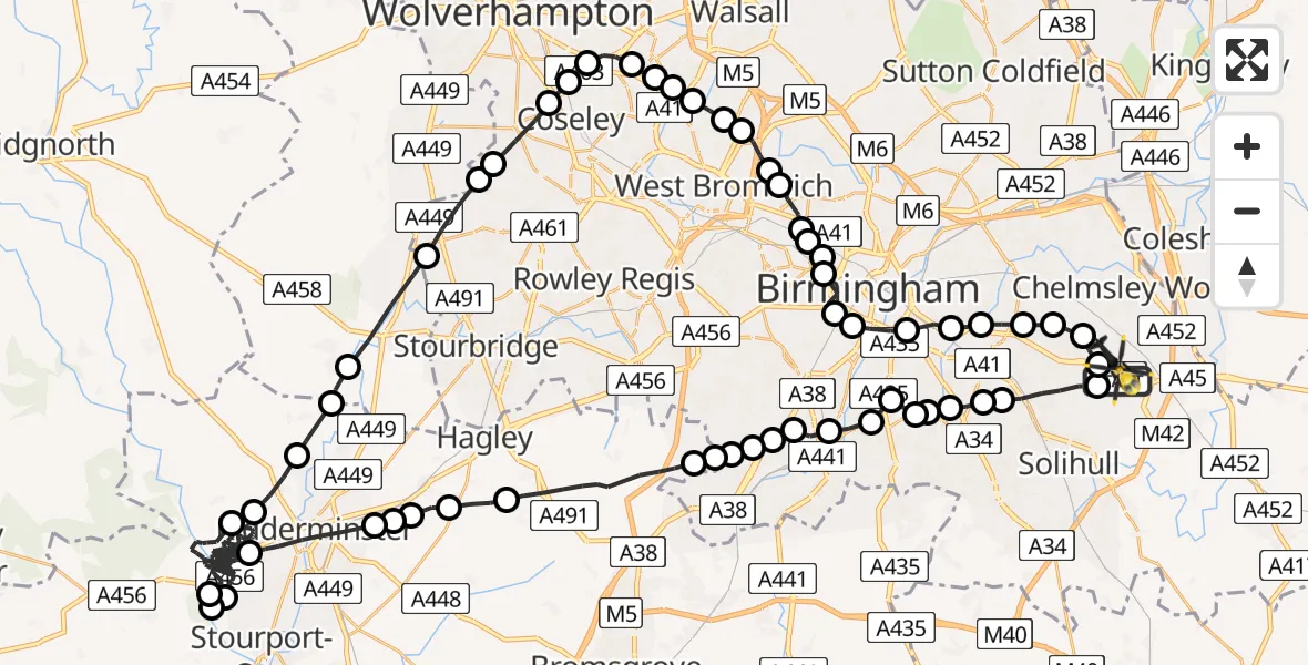 Flight route Police Helicopter Birmingham Airport - Birmingham Airport, 19 May 2026, 15:02