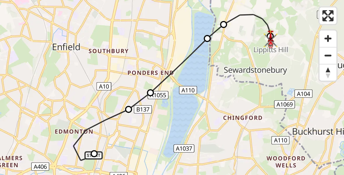 Flight route Air Ambulance Helicopter Edmonton - Metropolitan Police Air Support Unit Lippitts Hill, 19 May 2026, 15:07