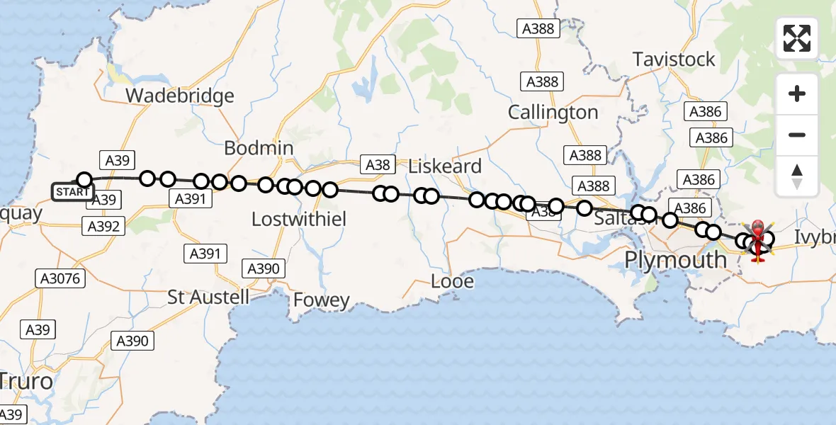 Flight route Air Ambulance Helicopter Cornwall Airport Newquay - Sparkwell, 19 May 2026, 15:16