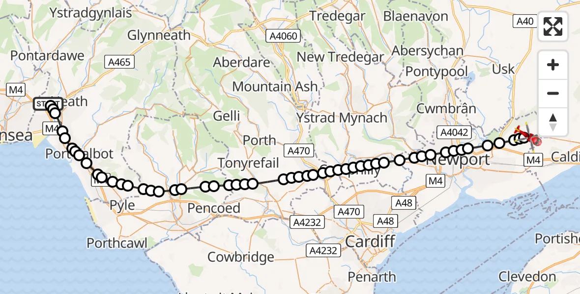 Flight route Air Ambulance Helicopter Skewen - Parc Seymour, 19 May 2026, 15:20