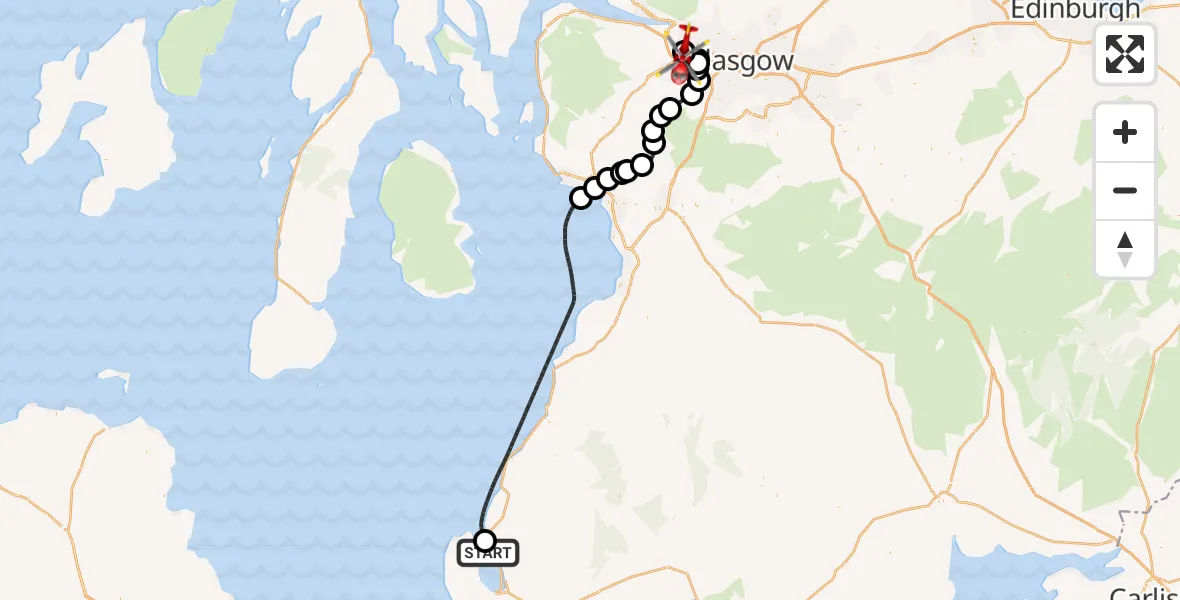 Flight route Air Ambulance Helicopter Cairnryan - Glasgow Airport, 19 May 2026, 15:23