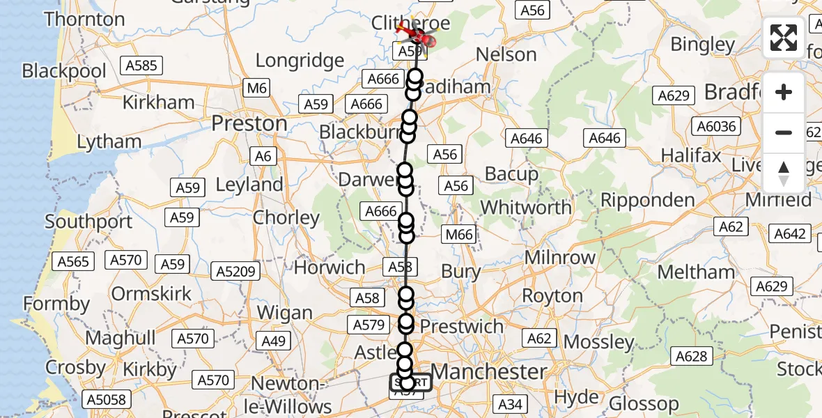 Flight route Air Ambulance Helicopter Manchester Barton Aerodrome - Pendleton, 19 May 2026, 15:34