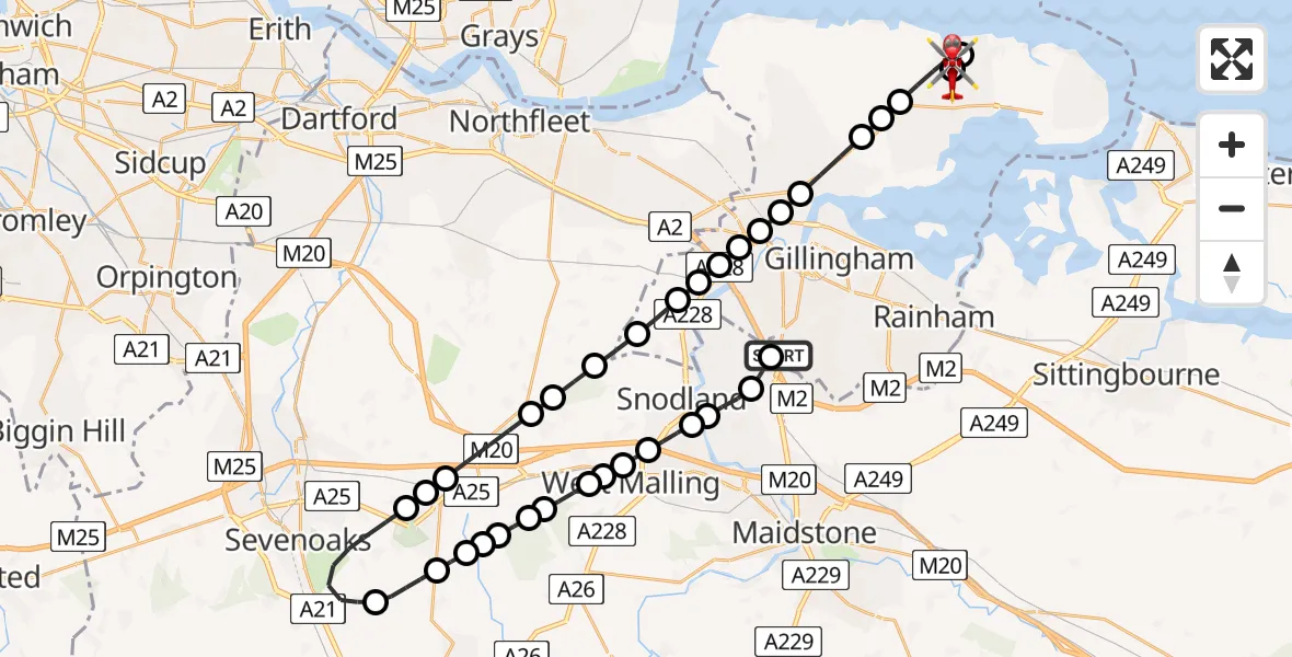 Flight route Air Ambulance Helicopter Rochester Airport - St Mary Hoo, 19 May 2026, 15:43