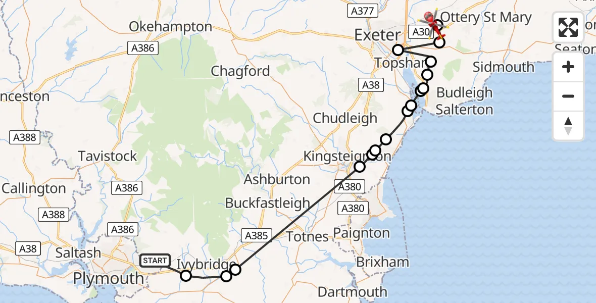 Flight route Air Ambulance Helicopter Sparkwell - Rockbeare, 19 May 2026, 15:44