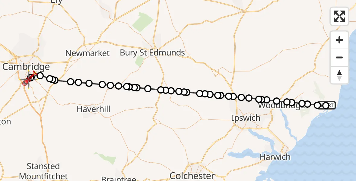 Flight route Air Ambulance Helicopter Orford - Papworth Hospital, 19 May 2026, 15:45
