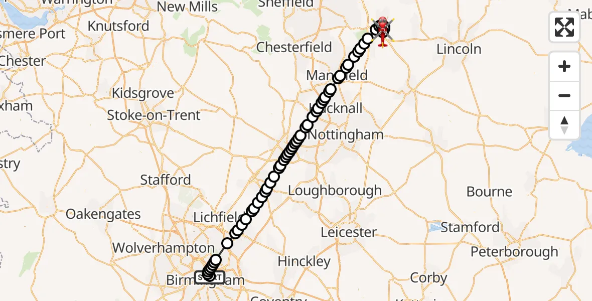 Flight route Air Ambulance Helicopter Nechells - Retford Gamston Airport, 19 May 2026, 15:46