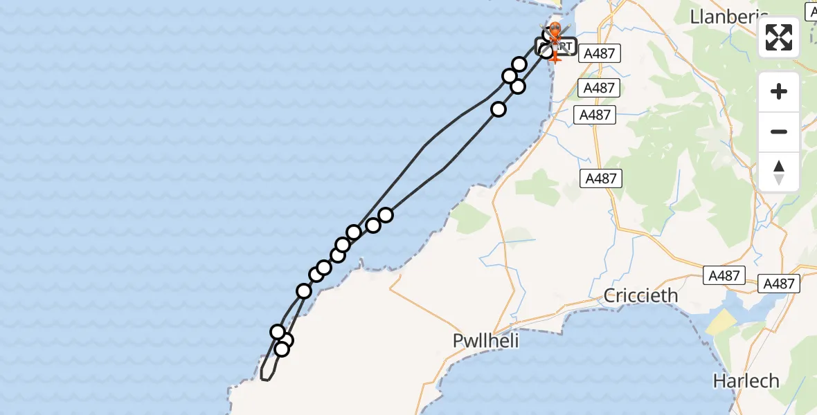 Flight route Coastguard Helicopter Caernarfon Airport - Caernarfon Airport, 19 May 2026, 15:54