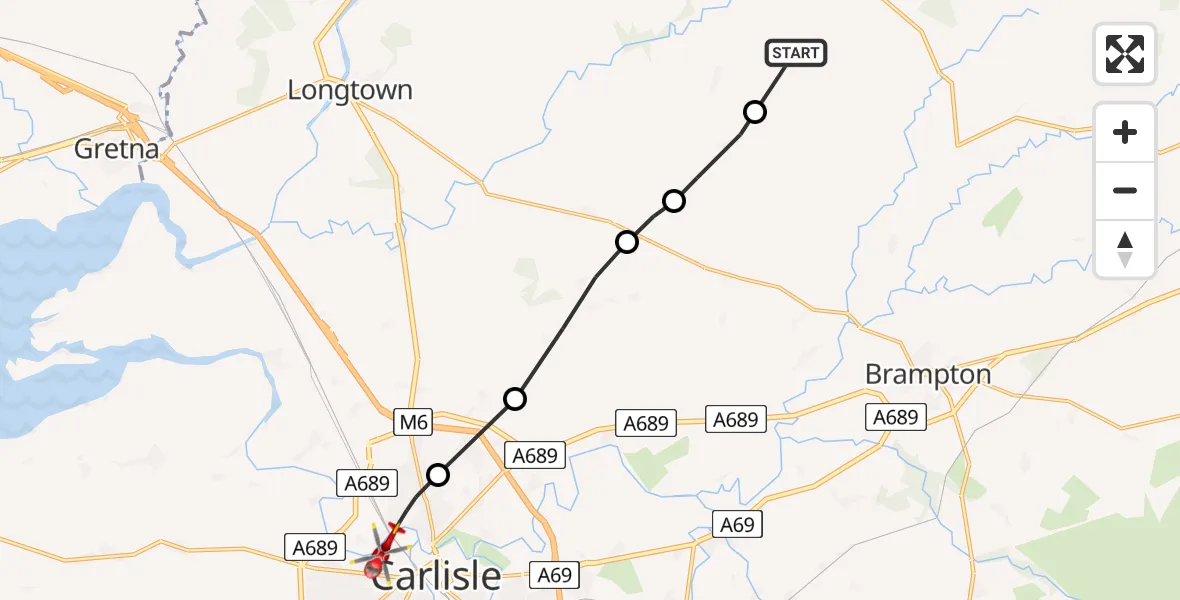 Flight route Air Ambulance Helicopter Stapleton - Carlisle, 19 May 2026, 16:00