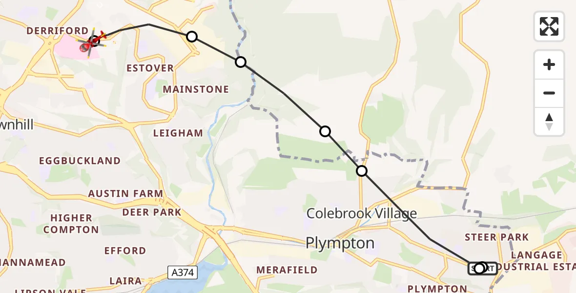 Flight route Air Ambulance Helicopter Plympton - Derriford Hospital, 19 May 2026, 16:03