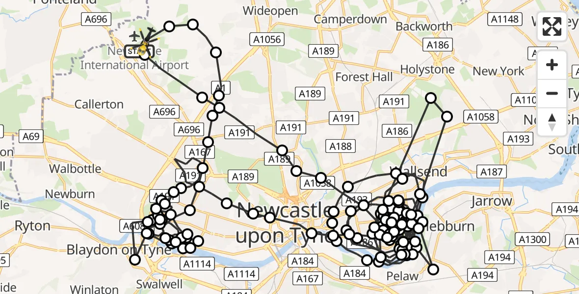 Flight route Police Helicopter Newcastle International Airport - Newcastle International Airport, 19 May 2026, 16:03