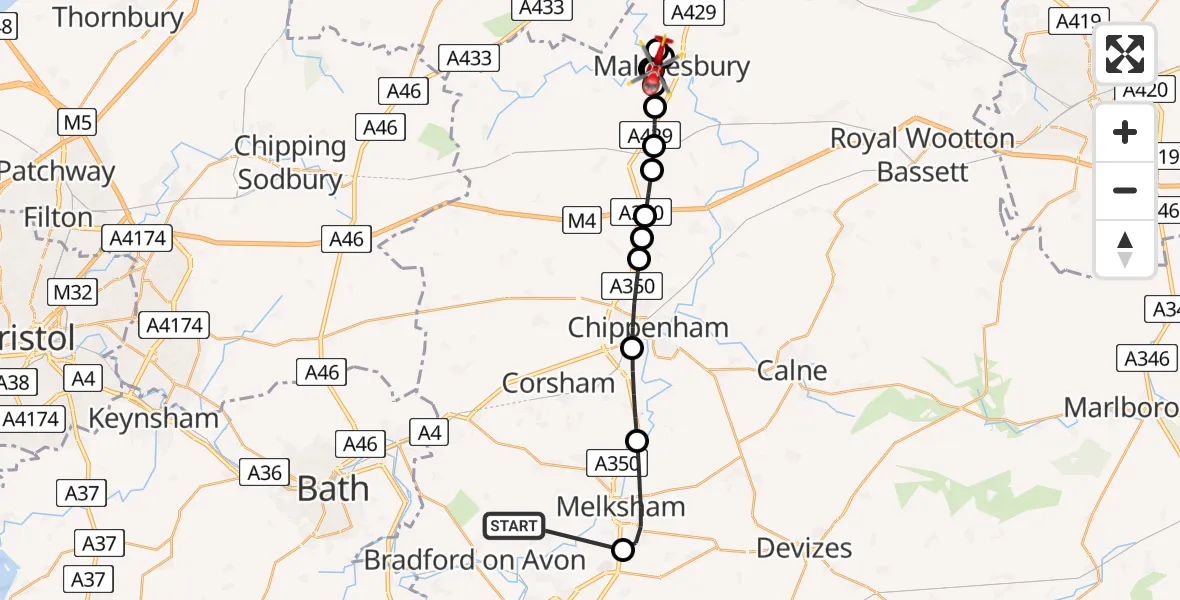 Flight route Air Ambulance Helicopter Lower Wraxall - Malmesbury, 19 May 2026, 16:05