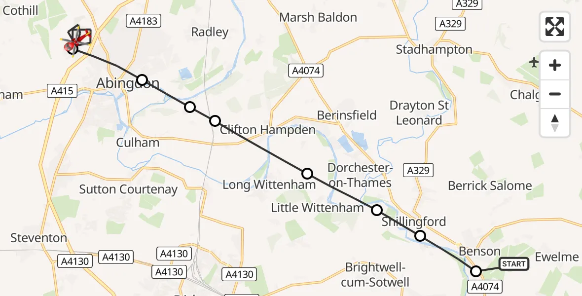 Flight route Air Ambulance Helicopter RAF Benson - Shippon, 19 May 2026, 16:05