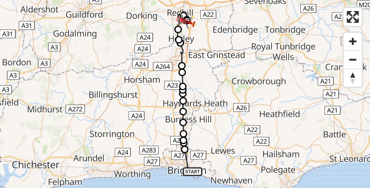 Flight route Air Ambulance Helicopter Brighton - Redhill Aerodrome, 19 May 2026, 16:08