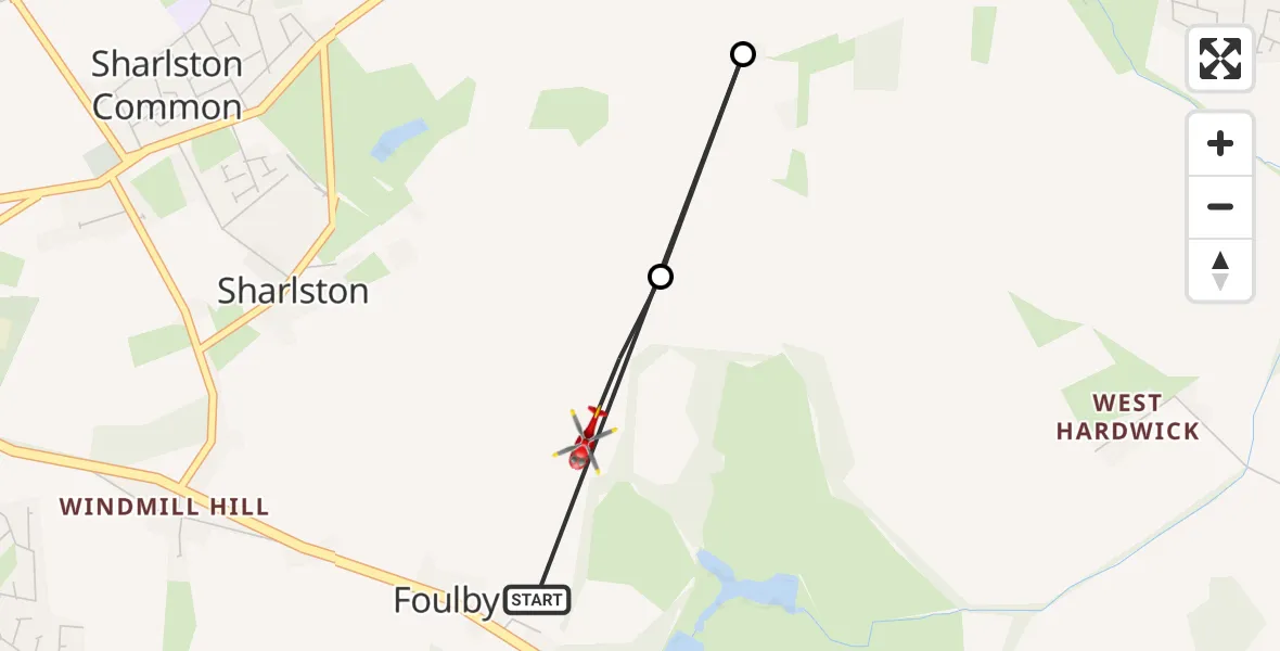 Flight route Air Ambulance Helicopter YAA Nostell Helicopter Port - Sharlston, 19 May 2026, 16:15