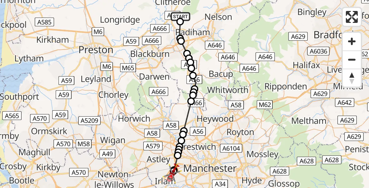 Flight route Air Ambulance Helicopter Wiswell - Manchester Barton Aerodrome, 19 May 2026, 16:16