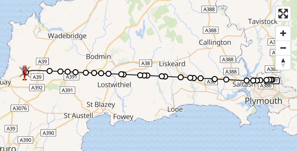 Flight route Air Ambulance Helicopter Derriford Hospital - Cornwall Airport Newquay, 19 May 2026, 16:35