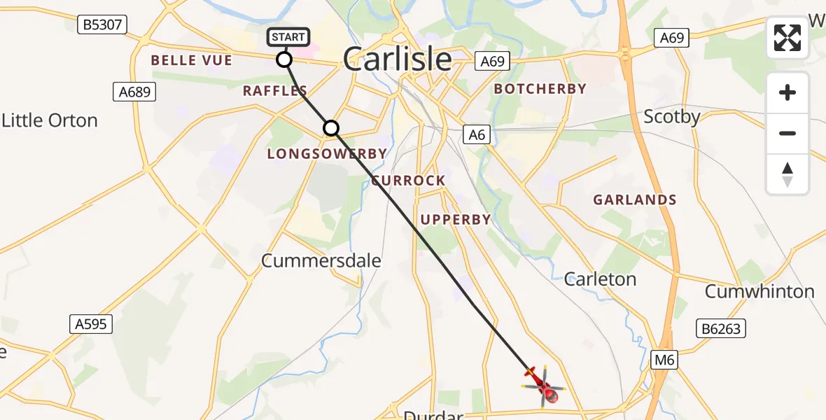 Flight route Air Ambulance Helicopter Carlisle General - Blackwell, 19 May 2026, 16:37