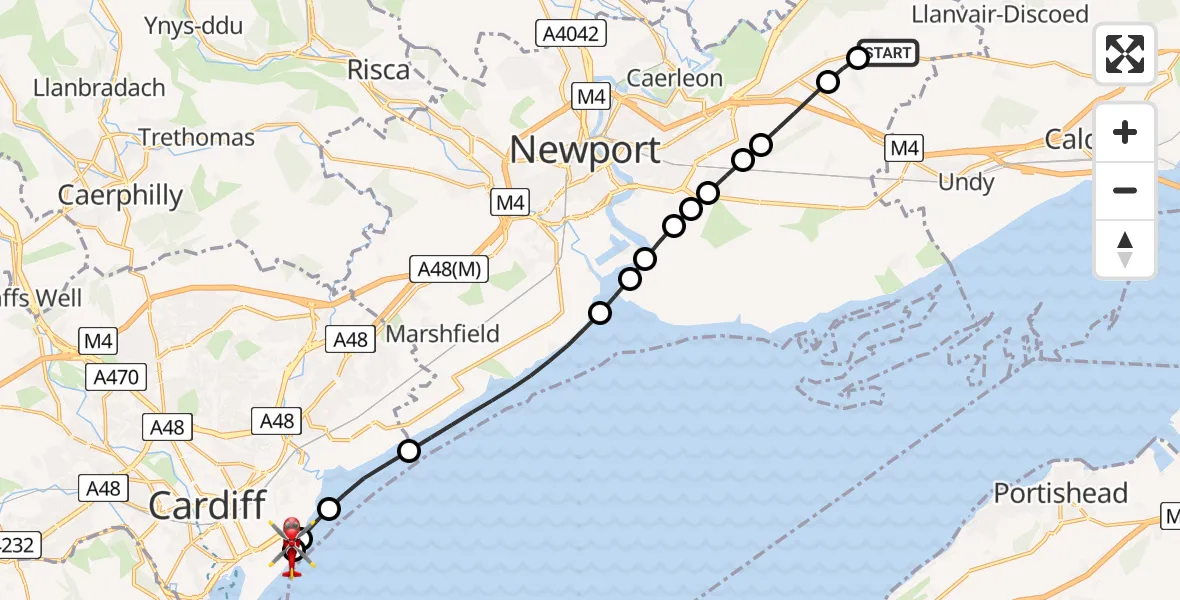 Flight route Air Ambulance Helicopter Parc Seymour - Cardiff Heliport, 19 May 2026, 16:45