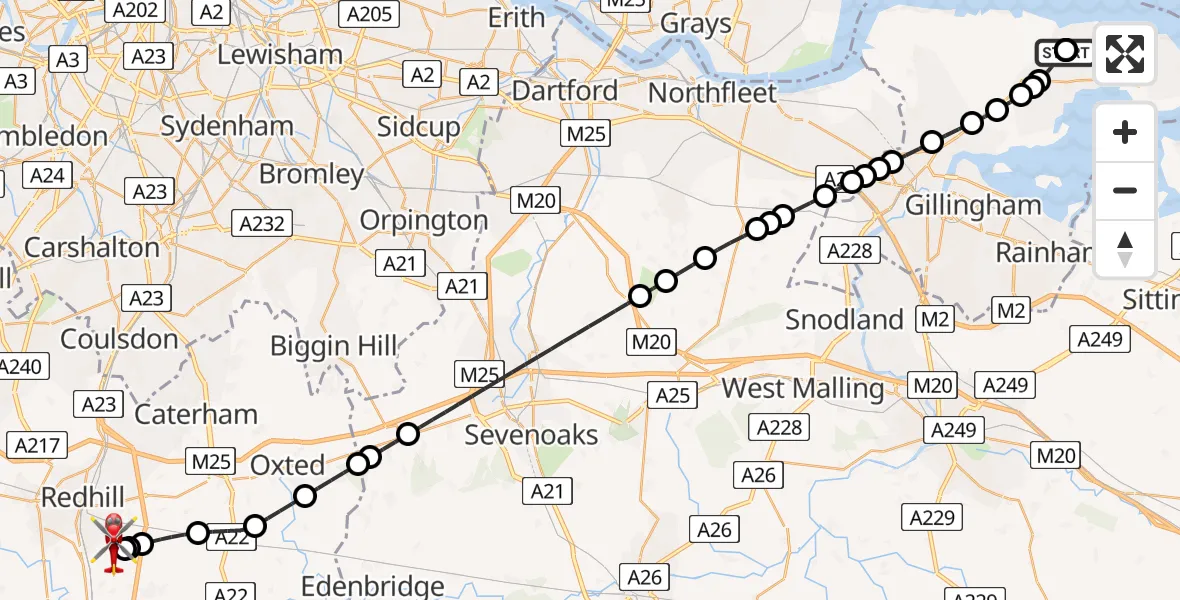 Flight route Air Ambulance Helicopter Allhallows - Redhill Aerodrome, 19 May 2026, 16:52