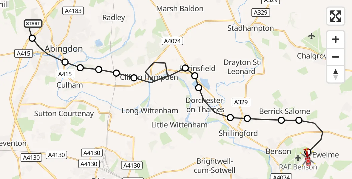 Flight route Air Ambulance Helicopter Shippon - RAF Benson, 19 May 2026, 16:56