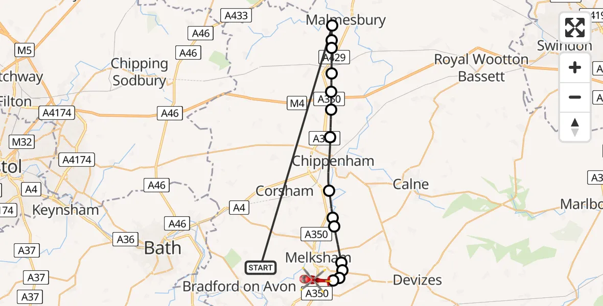 Flight route Air Ambulance Helicopter Lower Wraxall - Melksham, 19 May 2026, 17:01
