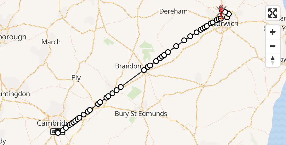 Flight route Air Ambulance Helicopter Papworth Hospital - Norwich Airport, 19 May 2026, 17:33