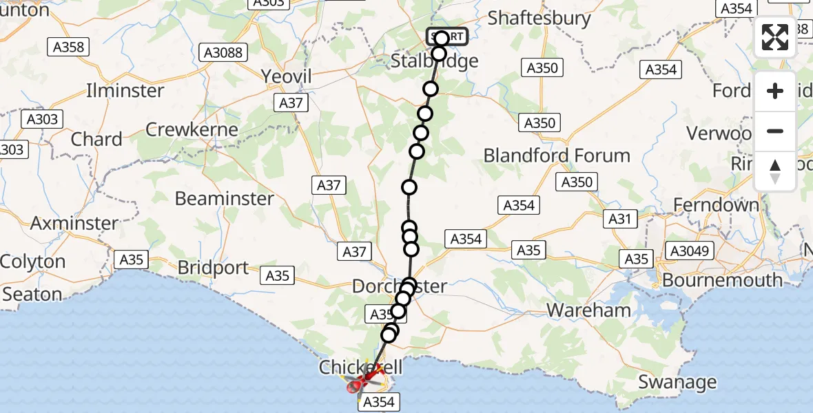 Flight route Air Ambulance Helicopter Henstridge Airfield - Weymouth, 19 May 2026, 17:53